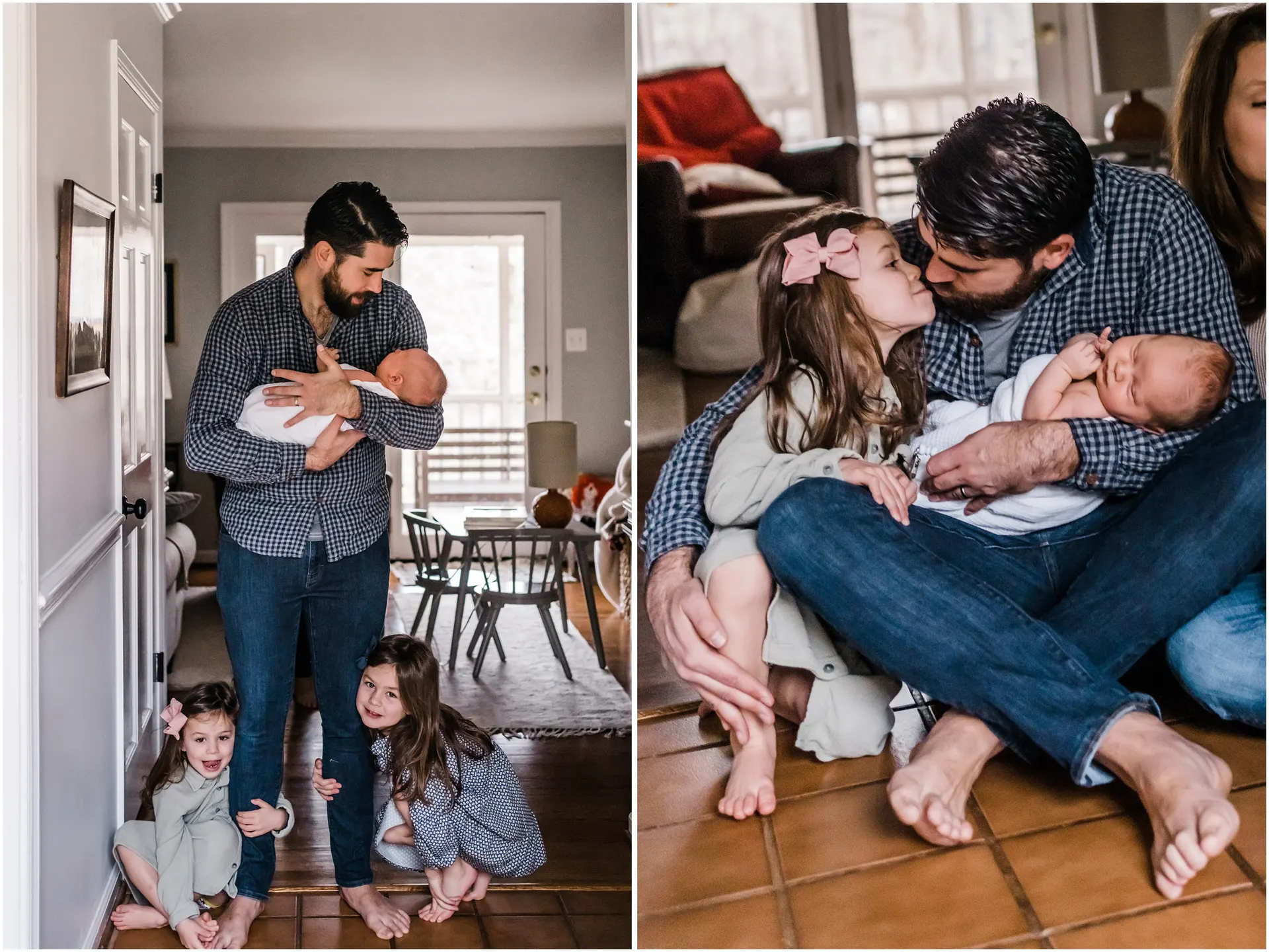 family with newborn, pose in front hall