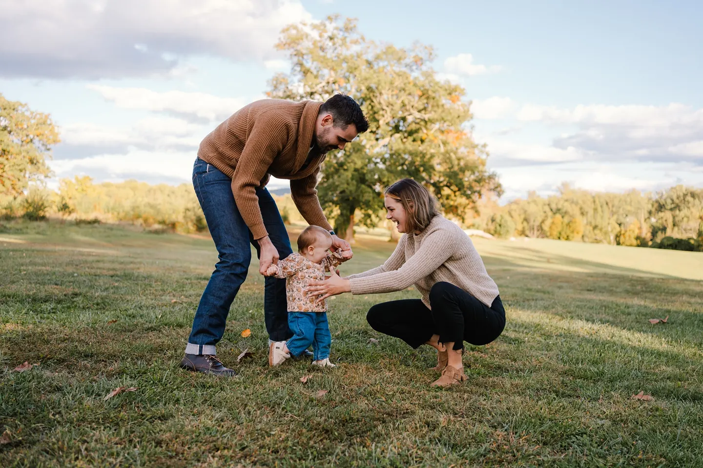 Outdoor fall photos in Charlottesville, VA with a family of 3