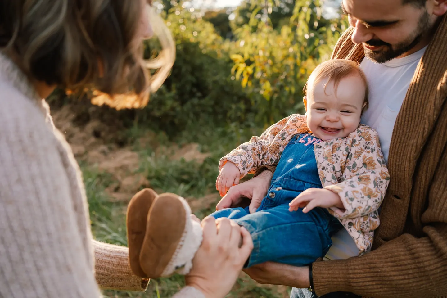 Outdoor fall photos in Charlottesville, VA with a family of 3