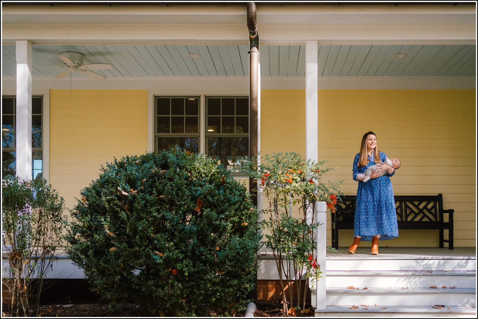 front porch morning newborn photos in the fall