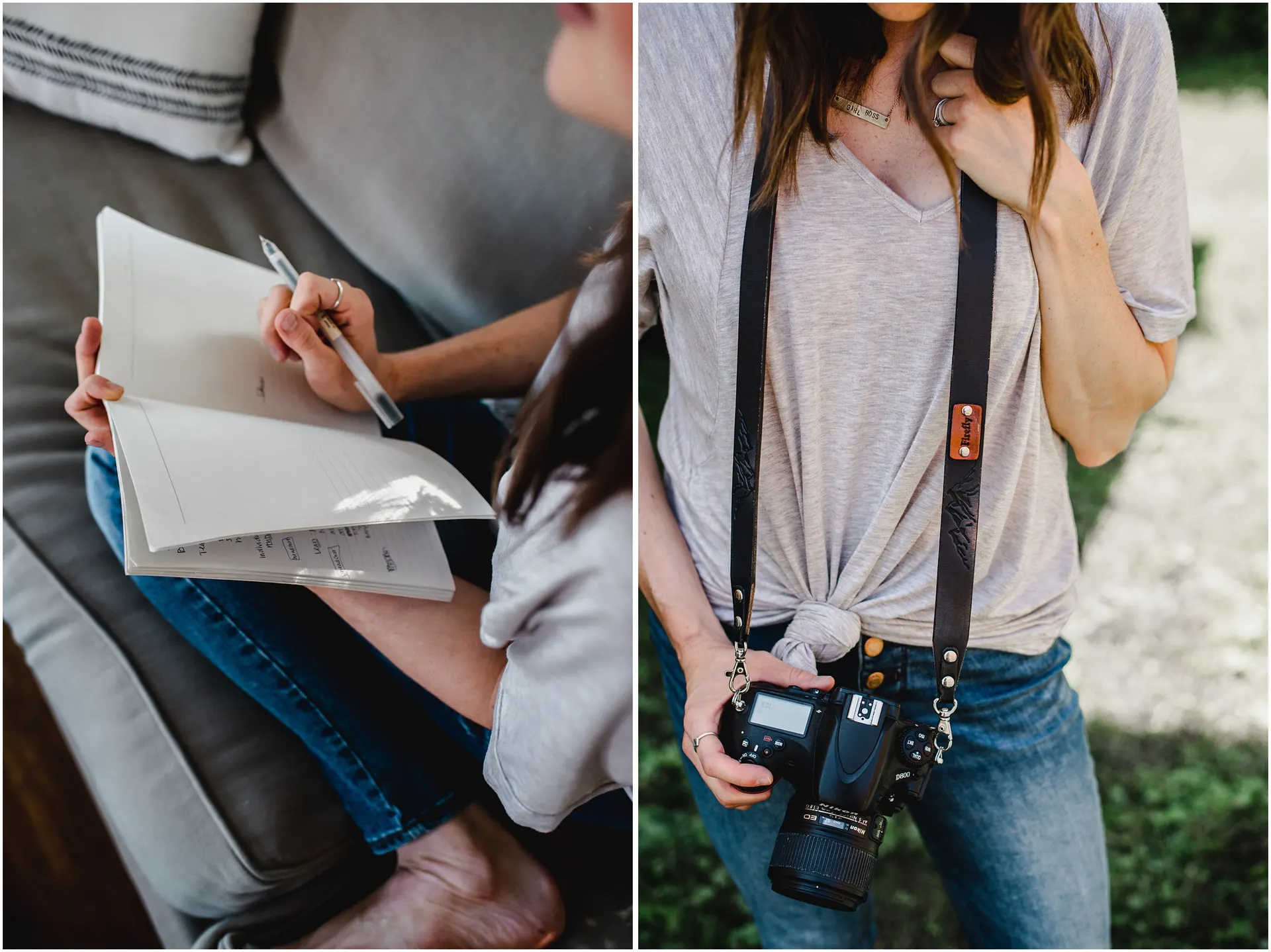 family photographer details, camera strap, notebooks
